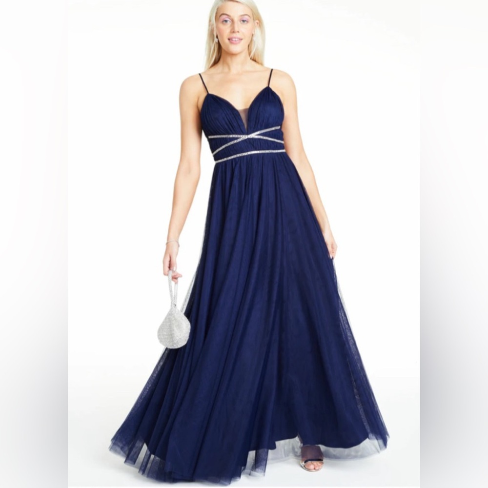 Say Yes to the Dress Spaghetti Strap Rhinestone Tulle Gown